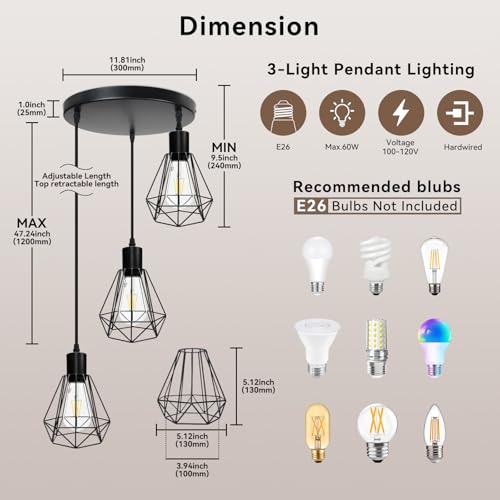 3 Light Matte Black Adjustable Pendant Light with E26 Base