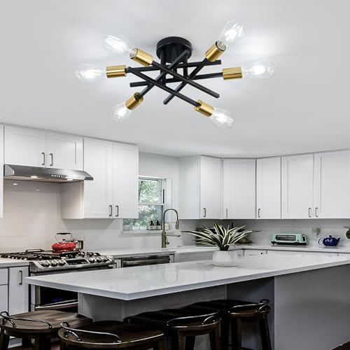 6 Lights Sputnik Semi Flush Mount Ceiling Light Fixture Modern Metal Black and Gold Chandeliers with E26 Bulb Base Close to Ceiling Light for Kitchen Dining Room Living Room Hallway Bedroom