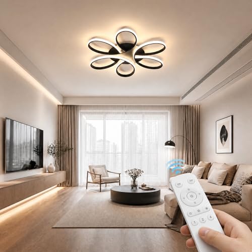 Modern LED Ceiling Light Fixture Black Flush Mount Ceiling Lamp with Remote Control Dimmable Rings Flower Shaped Ideal for Living Room Suite Bedroom Leisure Study Room Kitchen