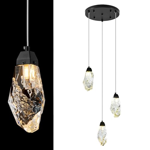 3 Lights Crystal Pendant Light Modern Cluster Chandelier Dimmable Pendant Light Fixture with Black Teardrop Design Stylish Lighting for Kitchen Island