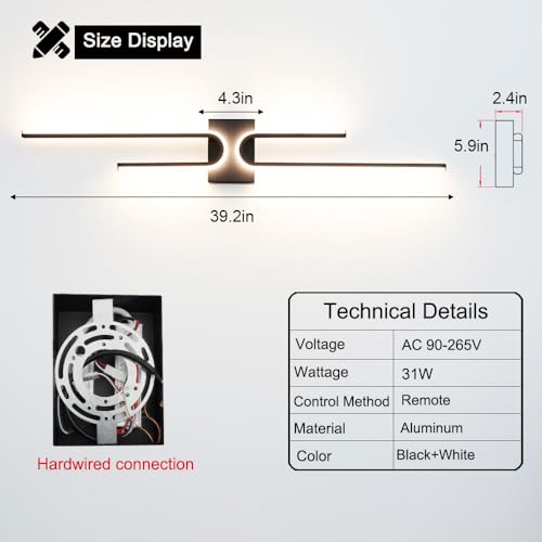 Vanity Light for Bathroom Lighting Over Mirror Black Dimmable 3CCT Vanity Lighting Fixture Modern Bath Vanity Bar 39in Led Bathroom Wall Sconce Lighting for Bedroom Living Room with Remote Control
