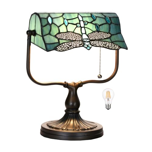 TL0030 Dragonfly Tiffany Banker Desk Lamp Stained Glass Green Shade with Vintage Bronze Base W10.25 X OH13 Inches