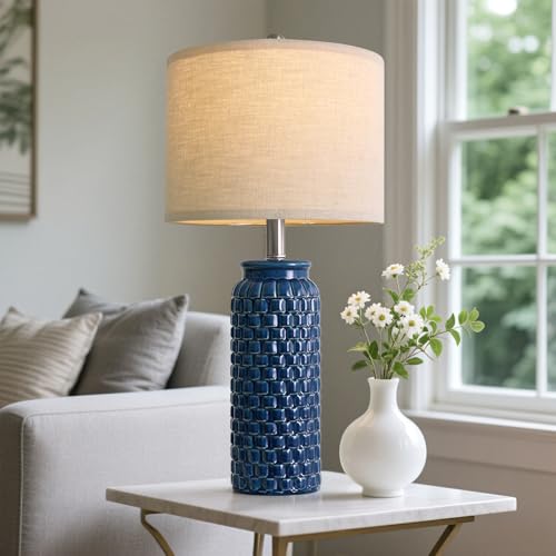 24 inches Modern Ceramic Dark Blue Bedside Lamp Set of 2 for Bedroom Decor Farmhouse Table Lamp for Living Room Office Dorm (2 Count)