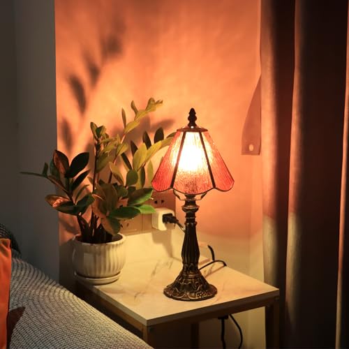 Small Tiffany Table Lamp Pink Bark Pattern Style Stained Glass Desk Lamps 6X6X14 Inch Bronze Resin Base Antique Mini Accent Light