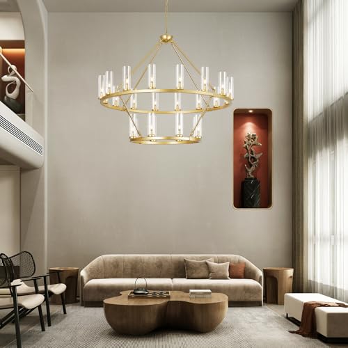 48 Inch Large Gold Wagon Wheel Chandelier with Clear Glass Shade 2 Tier 24