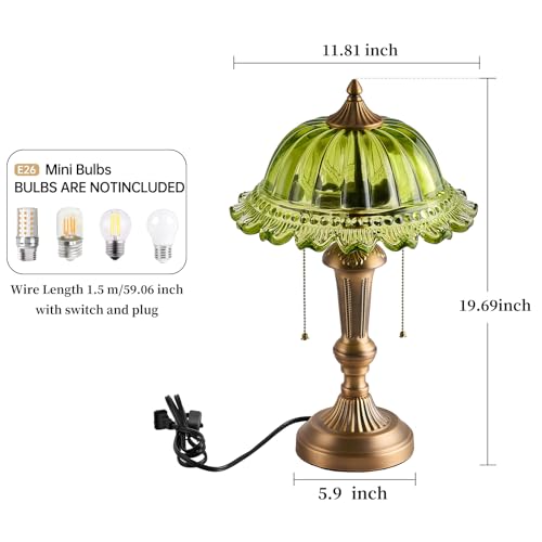Glass Shade Table Lamp Vintage Metal Desk Lamp 2 Lights Table Light with Plug Switch for Bedroom Living Room Home Office Brass and Green