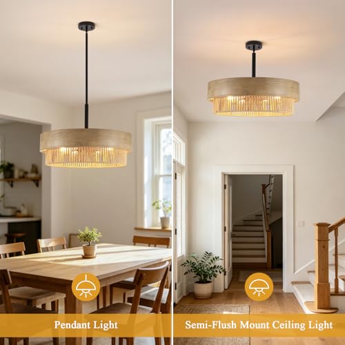 23.6" Large Wood Texture Drum Chandelier for Dining Room with Woven Rattan