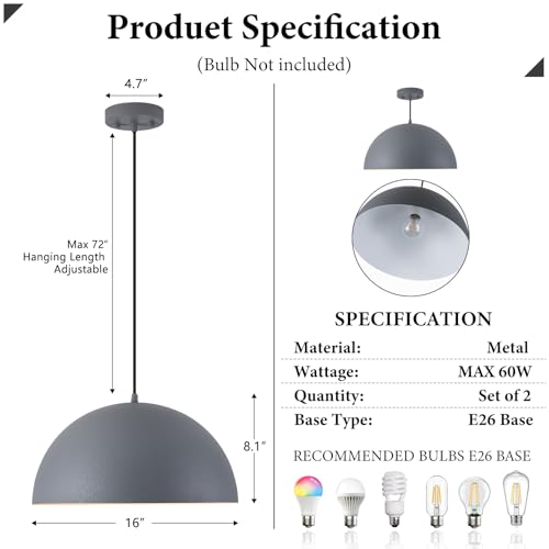 16" Grey and White Industrial Pendant Lights Kitchen Island