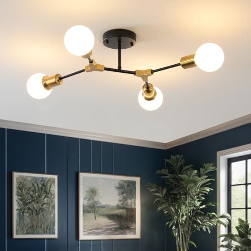 Modern Gold and Black Sputnik Semi Flush Mount Ceiling Light Fixture