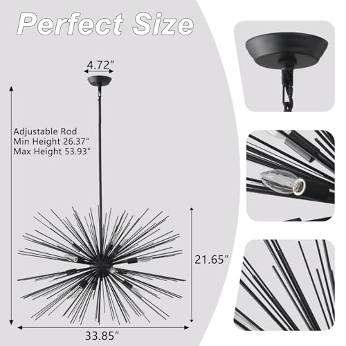 33.8in 12 Light Black Sputnik Chandelier Modern Geometric Starburst