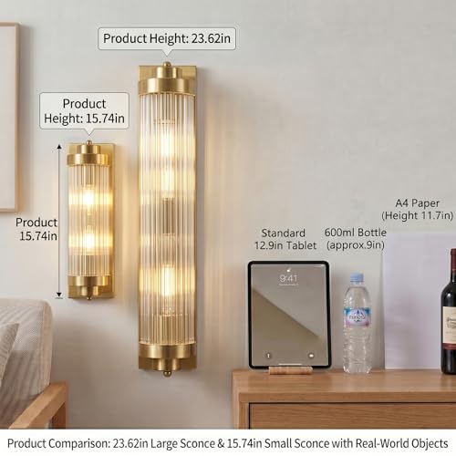 Gold Wall Sconces Set of Two with Crystal Glass Strip Bathroom Sconces Modern Wall Lights for Bedroom Living Room Hallway Wall Light Fixtures (2 Count)