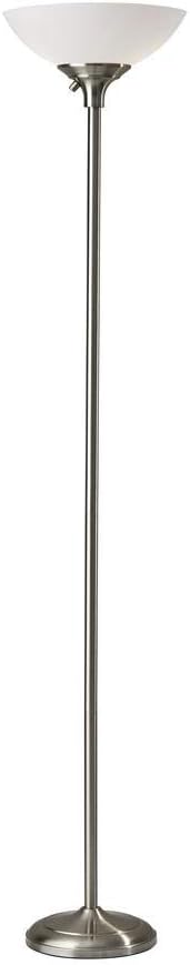 Adesso Brushed Steel Torchiere Floor Lamp with Frosted White Shade – 300W Double Socket Construction, Modern Accent Lighting for Bedroom, Living Room, or Home Office, 71” Tall