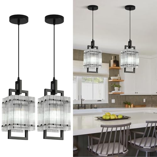 Modern Pendant Light Fixtures with Clear Glass Matte Black Pendant Lights Kitchen Island Adjustable Square Hanging Pendant Lighting for Dining Room Over Sink Hallway 2 Pack 12 inches (2 Count)