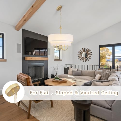 5 Light Gold Chandeliers for Dining Room with White Fabric Shades Two Layer (5 Count)