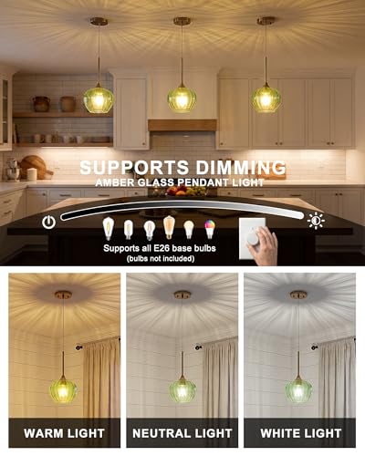 Green Glass Pendant Lights Kitchen Island with Brushed Gold Finish