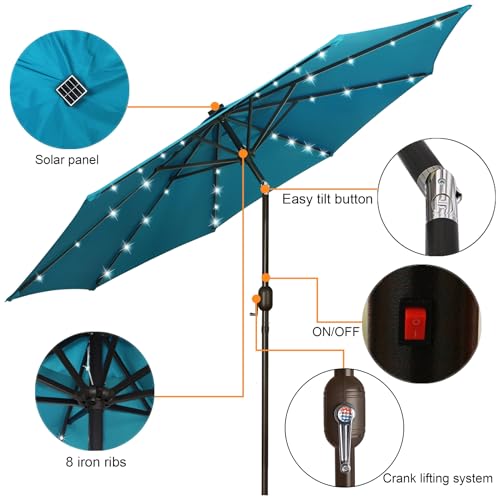 9 ft Solar Umbrella 32 LED Lighted Patio Umbrella Table Market Umbrella with Tilt and Crank Outdoor Umbrella for Garden