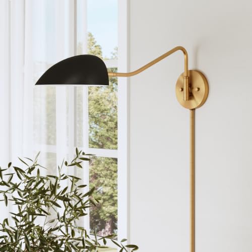 Bilson Plug in Wall Sconce with Black Dome Shade and Brass Swing Arm