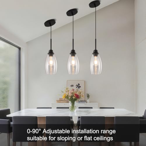 3 Lights Industrial Pendant Light with Glass Shade Matte Black Pendant Lighting Adjustable Industrial Retro Style Hanging Light