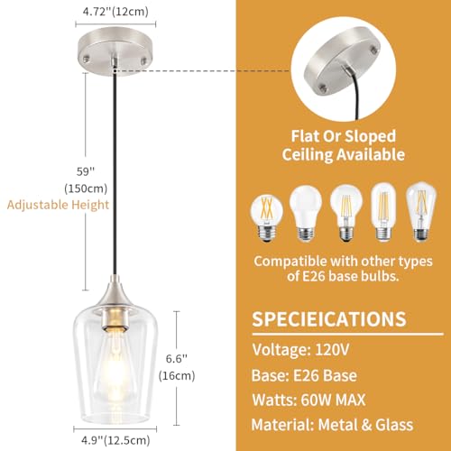 3 Pack Brushed Nickel Pendant Lights Fixtures Kitchen Lighting Over Island (3 Count)