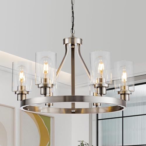 6 Light Modern Dining Room Light Fixture Brushed Nickel Kitchen Chandelier Ceiling Hanging Pendant Lighting with Glass Shade for Living Room Bedroom Entryway Adjustable Height Metal E26