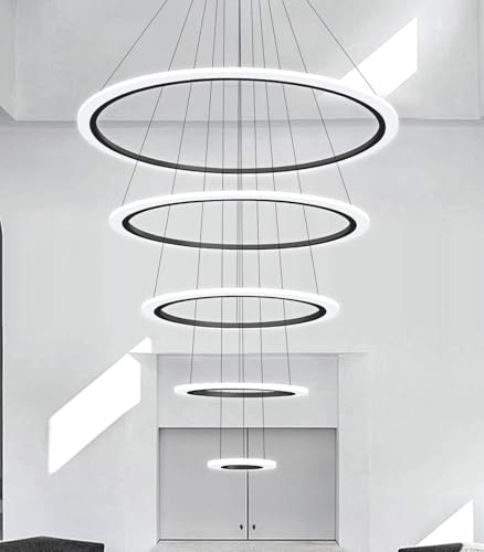 Modern LED Dimmable Chandelier 5 Ring High Ceiling Large Chandelier for Living Room Hanging Light Fixture for Foyer Staircase Black