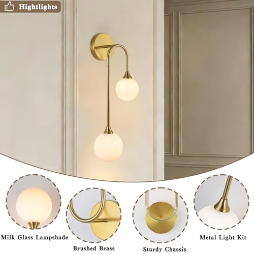 Mid Century Modern Wall Sconce Set of 2 Brushed Gold Milk Glass Sconces with Double Ball Hardwired Wall Light for Bedside Bedroom Bathroom Living Room Corridor G9 Base