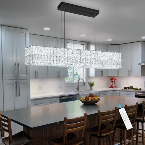 Glam Crystal Chandelier Modern Dimmable Crystal Chandeliers LED Rectangular Ceiling Light Fixtures for Dining Room Living Black