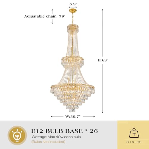 Large Gold Luxury Crystal Chandeliers 26 Lights Modern Chandelier for High Ceilings Crystal Pendant Light Fixture Foyer Staircase Hallway Entryway Banquet Hall Lobby 63" H x 30.7" D