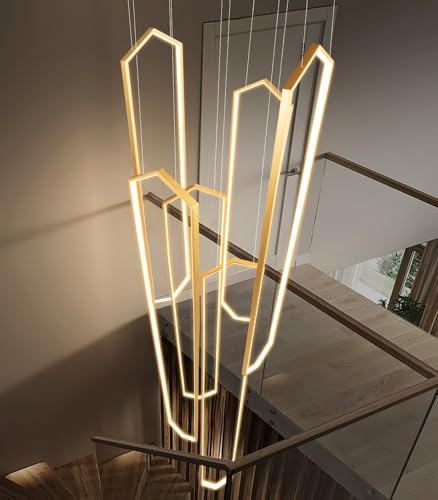 6 Rings Large Chandelier for Staircase Modern High Ceiling Chandelier LED Dimmable Chandeliers for Foyer Staircase Foyer Enterway Living Room Villa Gold (6 Count)