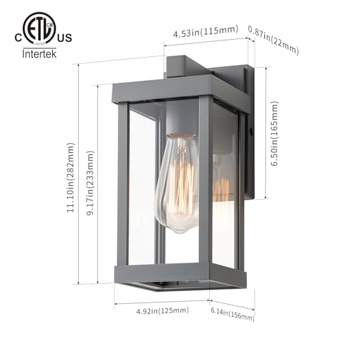 11" Classic Outdoor Wall Sconce 1 Light in Matte Gray Rectangular Metal Frame and Clear Glass Shade Waterproof Porch Light Patio Light Pack of 2 (2 Count)
