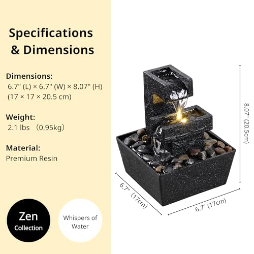 8 Inch Modern Black Tabletop Water Fountain with LED Light