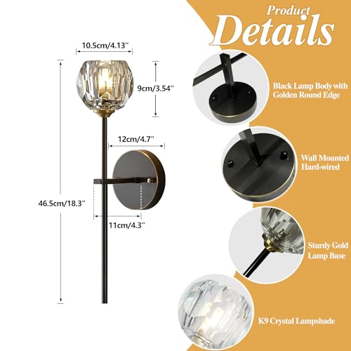 Mid Century Matte Black Crystal Wall Sconce Lighting Set of 2 Modern Long Metal Wall Light Set of Two 1 (2 Count)