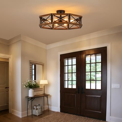 8 Light Large Rustic Farmhouse Wood Flush Mount Ceiling Light Fixture 24 inch Oak Wood and Metal Cage Semi Flush Mount Ceiling Light for Entry Cabin Dining Farmhouse Bedroom Living Room