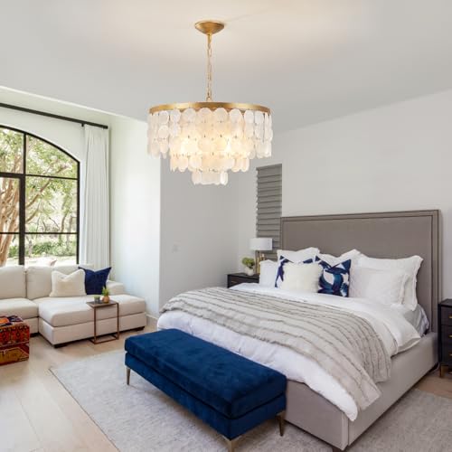White and Gold Coastal Capiz Shell Chandelier