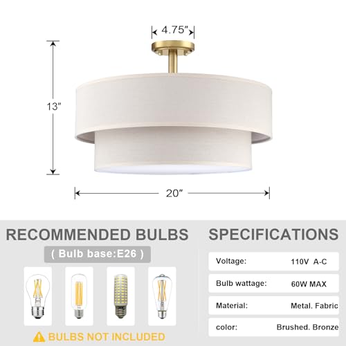 4 Light 20" Cream Fabric Gold Semi Flush Mount Close to Ceiling Light Fixture