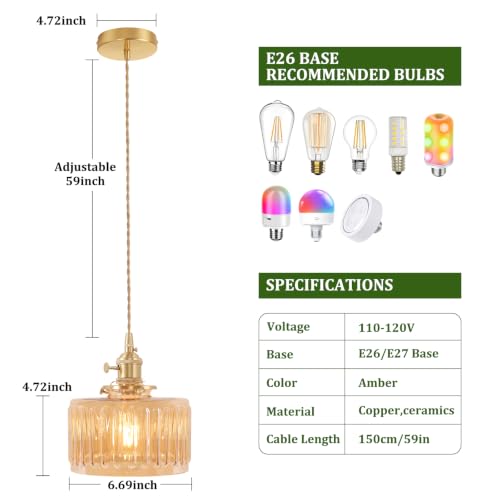 Pendant Light with Amber Striped Glass Lmapshade