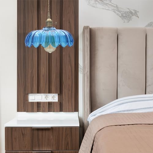 Blue Glass Pendant Light Fixtures Medium 9.8 Inches Lampshade Gold Brass Finish and Switch Vintage Pendant Ceiling Lamp Copper Pendant Lighting