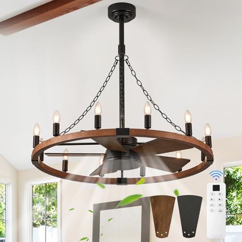 Rustic Wagon Wheel Chandelier with Fan Farmhouse Ceiling Fan Light 12
