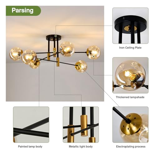 6 Lights Sputnik Ceiling Light Fixture Mid Century Modern Glass Globe Flush Mount Chandelier Black and Gold Farmhouse Lighting for Living Room Dining Room Bedroom Kitchen