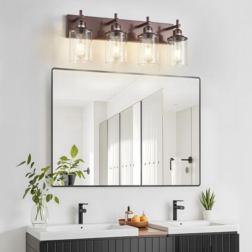 4 Light Bronze Bathroom Light Fixtures Over Mirror