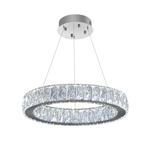 Modern LED 23.6" Ring Chandelier for Dining Room Living Room Dimmable Crystal Pendant Light Adjustable Round Chrome Crystal Chandelier