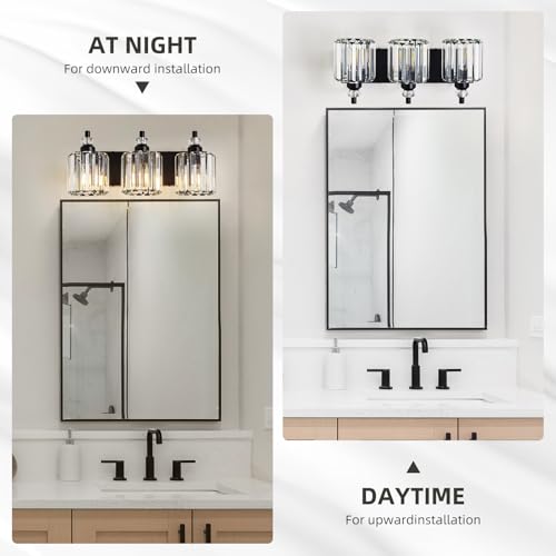 3 Light Black Bathroom Light Fixtures Over Mirror Modern Vanity Lights Crystal Wall Sconce Vintage Bathroom Lighting with Crystal Shade E26 Base for Bedroom