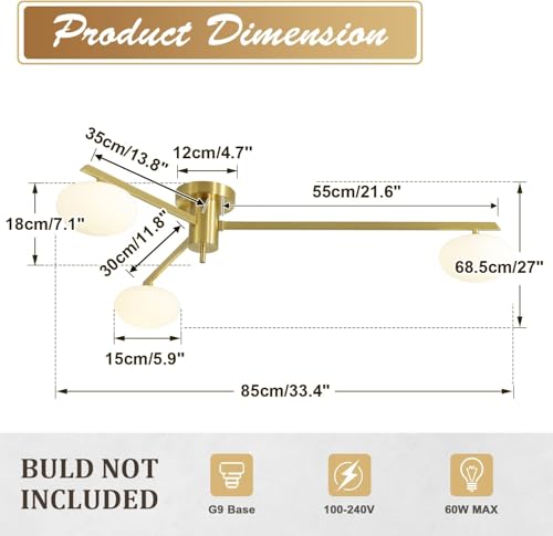 3 Light Gold Sputnik Ceiling Light Fixture