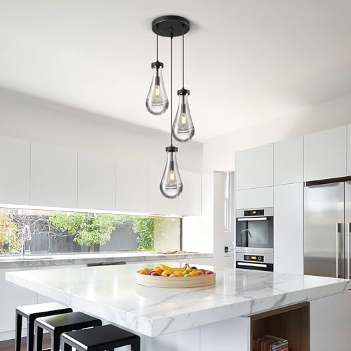 Raindrop Pendant Lights Kitchen Island Teardrop Black Hanging Light Fixtures Clear Solid Glass Pendant Light Modern Chandeliers for Dining Room Porch Corridor Living Room