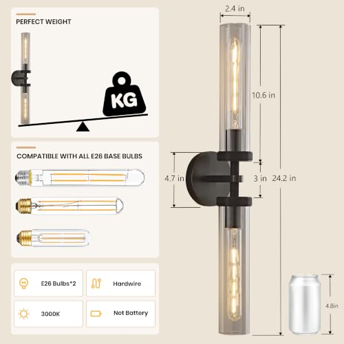 24 inch Bathroom Sconce Linear Glass Sconce Black Wall Sconce Hardwired