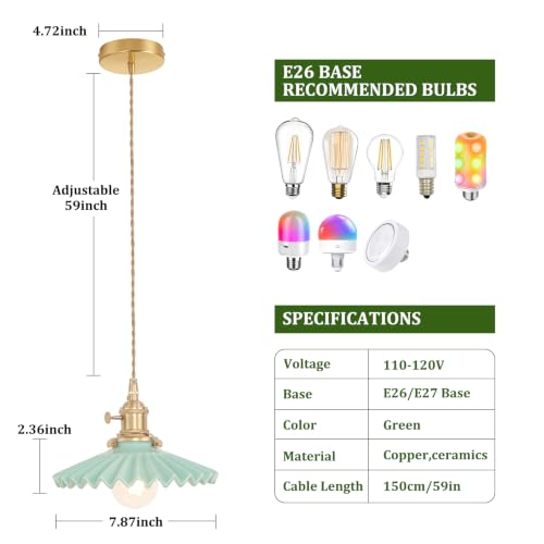 Pendant Light with Green Pleated Ceramic Lmapshade