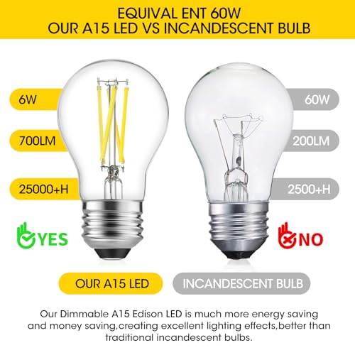LED Refrigerator Light Bulb 60W Equivalent 120V A15 Fridge Waterproof Bulbs 6W LED Daylight White 5000K E26 Medium Base Freezer Home Lighting Lamp Dimmable (4 Count)