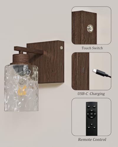 Hammered Glass Battery Operated Wall Sconces Set of Two Walnut