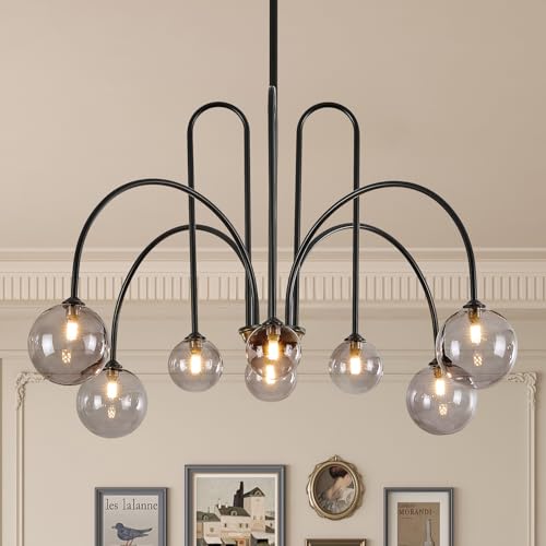 Black Sputnik Chandelier with Smoke Glass Globe 8 Lights L41 Inch