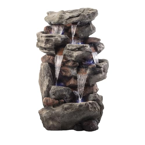 WIN730 Outdoor Floor Tiered Rock Waterfall Fountain with LED Lights and Natural Stone Look